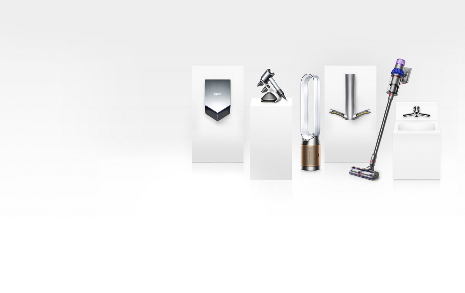 Dyson Supersonic hair dryer, Dyson Airblade 9kJ hand dryer, Dyson Pure Hot+Cool purifier fan, Dyson Wash+Dry wall in commercial setting